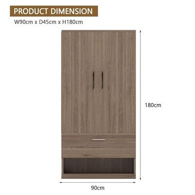 Wooden Wardrobe With 2 Door, And Open Shoe Rack, Hanging Rod And 2 Compartments - Truffle Brown Davos Oak