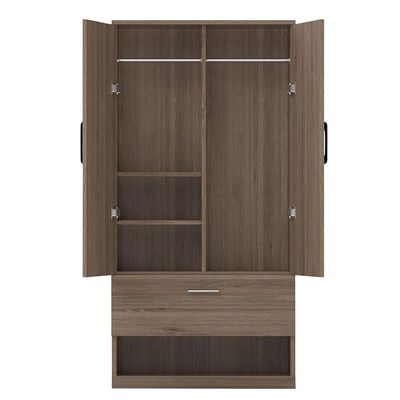 Wooden Wardrobe With 2 Door, And Open Shoe Rack, Hanging Rod And 2 Compartments - Truffle Brown Davos Oak