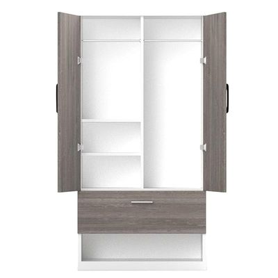 Wooden Wardrobe With 2 Door, And Open Shoe Rack, Hanging Rod And 2 Compartments - Grey Brown White River Oak/Premium White