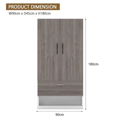 Wooden Wardrobe With 2 Door, And Open Shoe Rack, Hanging Rod And 2 Compartments - Grey Brown White River Oak/Premium White