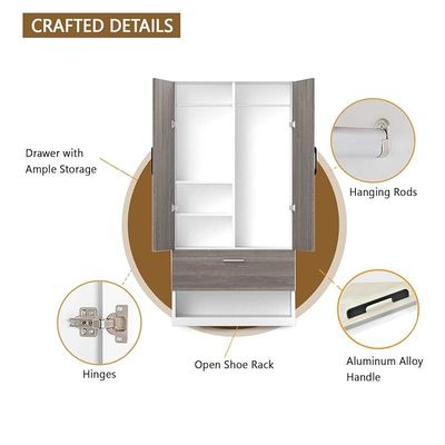 Wooden Wardrobe With 2 Door, And Open Shoe Rack, Hanging Rod And 2 Compartments - Grey Brown White River Oak/Premium White