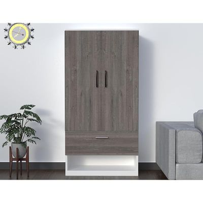 Wooden Wardrobe With 2 Door, And Open Shoe Rack, Hanging Rod And 2 Compartments - Grey Brown White River Oak/Premium White