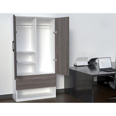 Wooden Wardrobe With 1 Door, And Open Shoe Rack, Hanging Rod And 2 Compartments - Grey Brown White River Oak/Premium White