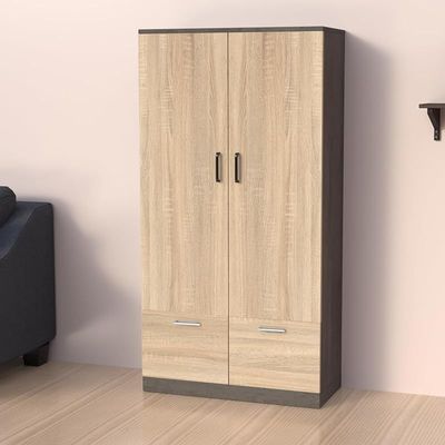 Wooden Wardrobe With 2 Doors, 2 Drawers, Hanging Rod And 2 Compartments - Dark Grey Chicago Concrete/Grey Bardolino Oak