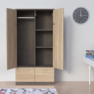 Wooden Wardrobe With 2 Doors, 2 Drawers, Hanging Rod And 2 Compartments - Dark Grey Chicago Concrete/Grey Bardolino Oak