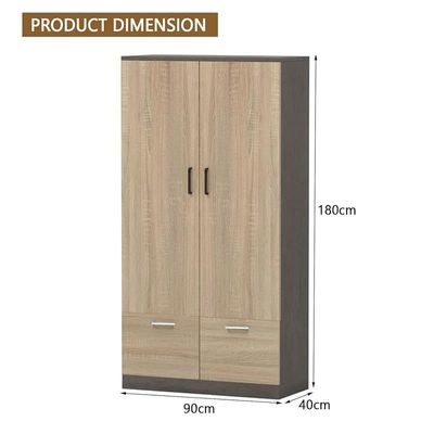 Wooden Wardrobe With 2 Doors, 2 Drawers, Hanging Rod And 2 Compartments - Dark Grey Chicago Concrete/Grey Bardolino Oak