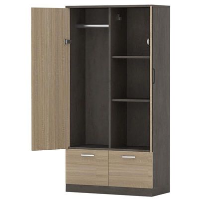 Wooden Wardrobe With 2 Doors, 2 Drawers, Hanging Rod And 2 Compartments - Dark Grey Chicago Concrete/Grey Bardolino Oak