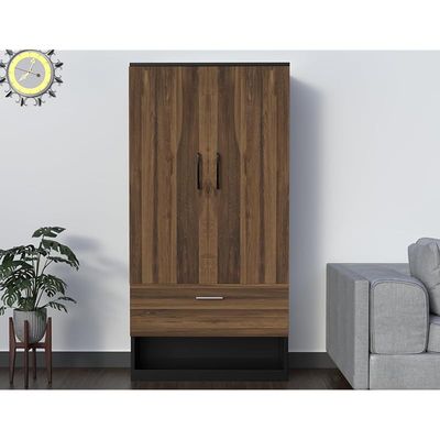 Wooden Wardrobe With 1 Door, And Open Shoe Rack, Hanging Rod And 2 Compartments - Dark Hunton Oak/Lava Grey