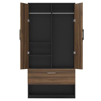 Wooden Wardrobe With 2 Door, And Open Shoe Rack, Hanging Rod And 2 Compartments - Dark Hunton Oak/Lava Grey