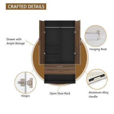 Wooden Wardrobe With 2 Door, And Open Shoe Rack, Hanging Rod And 2 Compartments - Dark Hunton Oak/Lava Grey