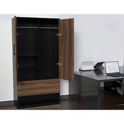 Wooden Wardrobe With 2 Door, And Open Shoe Rack, Hanging Rod And 2 Compartments - Dark Hunton Oak/Lava Grey