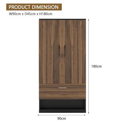 Wooden Wardrobe With 1 Door, And Open Shoe Rack, Hanging Rod And 2 Compartments - Dark Hunton Oak/Lava Grey