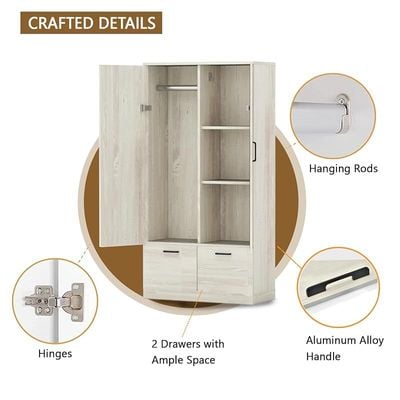 Wooden Wardrobe With 2 Doors, 2 Drawers, Hanging Rod And 2 Compartments - Cascina Pine