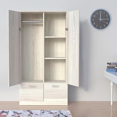 Wooden Wardrobe With 2 Doors, 2 Drawers, Hanging Rod And 2 Compartments - Cascina Pine