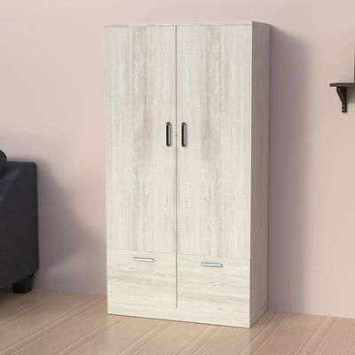 Wooden Wardrobe With 2 Doors, 2 Drawers, Hanging Rod And 2 Compartments - Cascina Pine