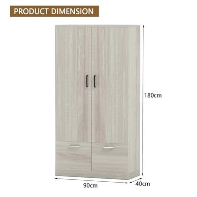 Wooden Wardrobe With 2 Doors, 2 Drawers, Hanging Rod And 2 Compartments - Cascina Pine