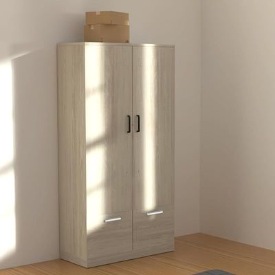 Wooden Wardrobe With 2 Doors, 2 Drawers, Hanging Rod And 2 Compartments - Cascina Pine