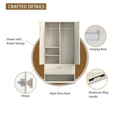 Wooden Wardrobe With 1 Door, And Open Shoe Rack, Hanging Rod And 2 Compartments - Cascina Pine