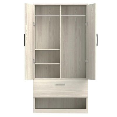 Wooden Wardrobe With 2 Door, And Open Shoe Rack, Hanging Rod And 2 Compartments - Cascina Pine