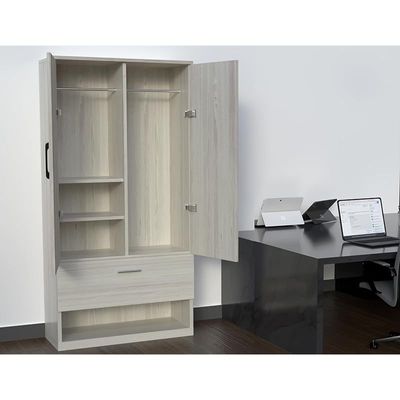 Wooden Wardrobe With 2 Door, And Open Shoe Rack, Hanging Rod And 2 Compartments - Cascina Pine