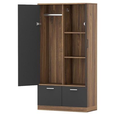 Wooden Wardrobe With 2 Doors, 2 Drawers, Hanging Rod And 2 Compartments - Dark Hunton Oak/Lava Grey