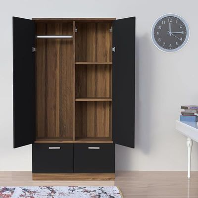 Wooden Wardrobe With 2 Doors, 2 Drawers, Hanging Rod And 2 Compartments - Dark Hunton Oak/Lava Grey