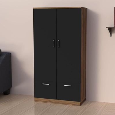 Wooden Wardrobe With 2 Doors, 2 Drawers, Hanging Rod And 2 Compartments - Dark Hunton Oak/Lava Grey