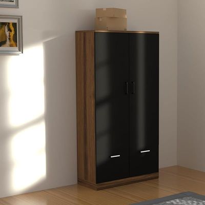 Wooden Wardrobe With 2 Doors, 2 Drawers, Hanging Rod And 2 Compartments - Dark Hunton Oak/Lava Grey