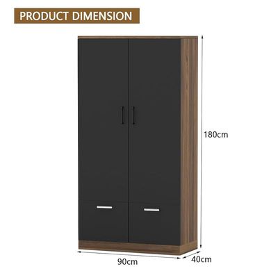 Wooden Wardrobe With 2 Doors, 2 Drawers, Hanging Rod And 2 Compartments - Dark Hunton Oak/Lava Grey