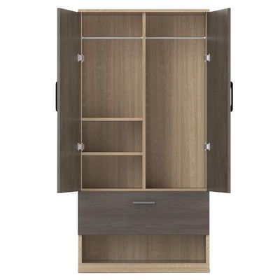 Wooden Wardrobe With 2 Door, And Open Shoe Rack, Hanging Rod And 2 Compartments - Dark Grey Chicago Concrete/Grey Bardolino Oak