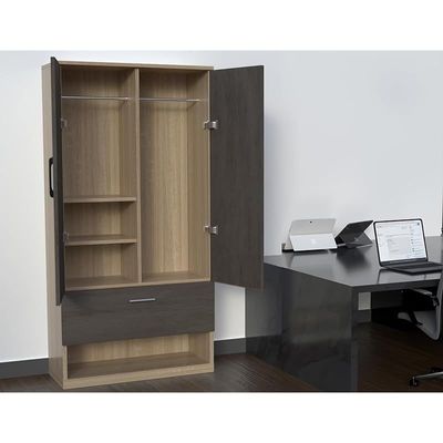 Wooden Wardrobe With 2 Door, And Open Shoe Rack, Hanging Rod And 2 Compartments - Dark Grey Chicago Concrete/Grey Bardolino Oak