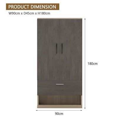 Wooden Wardrobe With 1 Door, And Open Shoe Rack, Hanging Rod And 2 Compartments - Dark Grey Chicago Concrete/Grey Bardolino Oak