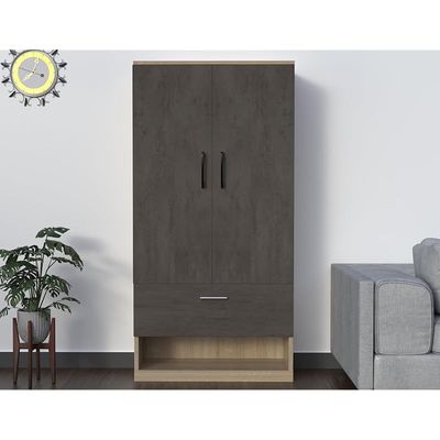Wooden Wardrobe With 2 Door, And Open Shoe Rack, Hanging Rod And 2 Compartments - Dark Grey Chicago Concrete/Grey Bardolino Oak