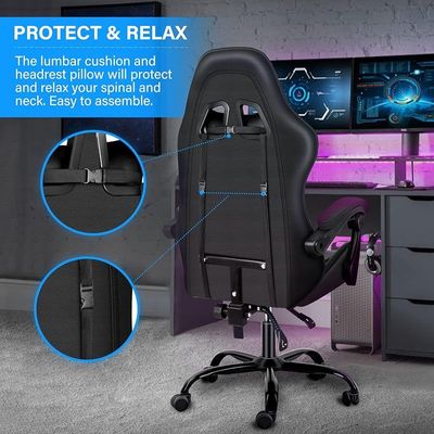 PU Leather High Back Swivel Ergonomic Gaming Chair With Lumbar Support - Black