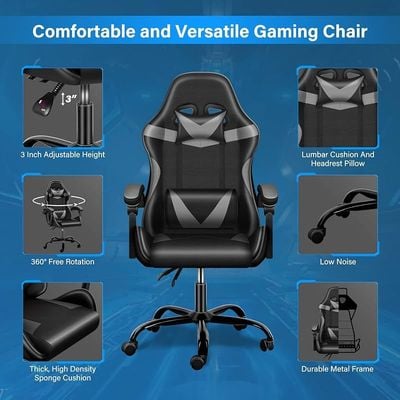 PU Leather High Back Swivel Ergonomic Gaming Chair With Lumbar Support - Grey/Black