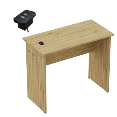 Mahmayi Modern MP1 Study Table, Executive Desk 90x45 with Black BS02 Desktop Socket with USB A/C Port Natural Davos Oak Ideal for Office, Home, Meeting Room
