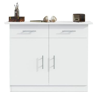 Mahmayi Modern Multifunctional Medium Height Cabinet with 2 Drawers and 2 Door Storage - White - Ideal for Hallway, Living Room, Kitchen, Bedroom