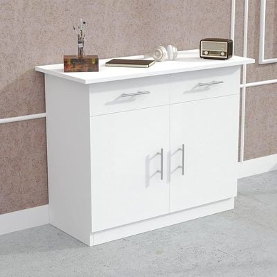 Mahmayi Modern Multifunctional Medium Height Cabinet with 2 Drawers and 2 Door Storage - White - Ideal for Hallway, Living Room, Kitchen, Bedroom