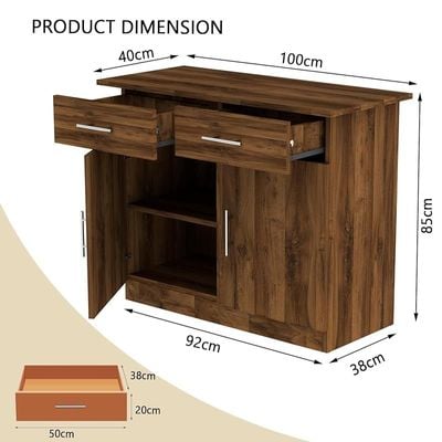 Mahmayi Modern Multifunctional Medium Height Cabinet with 2 Drawers and 2 Door Storage - Dark Hunton Oak - Ideal for Hallway, Living Room, Kitchen, Bedroom