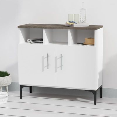 Mahmayi Modern Multifunctional Medium Height Cabinet with 2 Door Storage and 3 Open Shelf - Dark Grey Chicago Concrete and Premium White - Ideal for Hallway, Living Room, Kitchen, Bedroom
