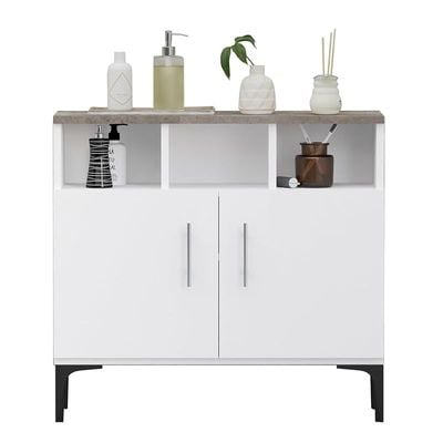 Mahmayi Modern Multifunctional Medium Height Cabinet with 2 Door Storage and 3 Open Shelf - Dark Grey Chicago Concrete and Premium White - Ideal for Hallway, Living Room, Kitchen, Bedroom