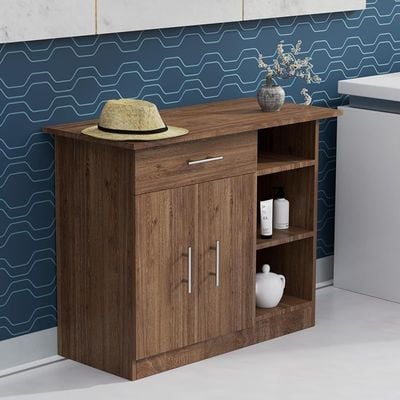 Mahmayi Modern Multifunctional Medium Height Cabinet with Single Drawer, 2 Door Storage and 3 Open Shelf - Truffle Davos Oak - Ideal for Hallway, Living Room, Kitchen, Bedroom