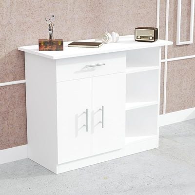 Mahmayi Modern Multifunctional Medium Height Cabinet with Single Drawer, 2 Door Storage and 3 Open Shelf - White - Ideal for Hallway, Living Room, Kitchen, Bedroom