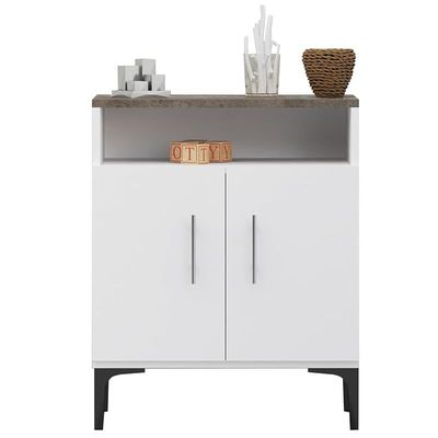 Mahmayi Modern Multifunctional Medium Height Cabinet with 2 Door Storage and Single Open Shelf - Dark Grey Chicago Concrete and Premium White - Ideal for Hallway, Living Room, Kitchen, Bedroom