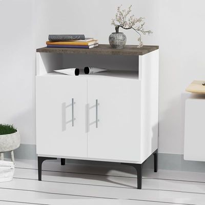 Mahmayi Modern Multifunctional Medium Height Cabinet with 2 Door Storage and Single Open Shelf - Dark Grey Chicago Concrete and Premium White - Ideal for Hallway, Living Room, Kitchen, Bedroom