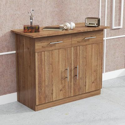 Mahmayi Modern Multifunctional Medium Height Cabinet with 2 Drawers and 2 Door Storage - Truffle Davos Oak - Ideal for Hallway, Living Room, Kitchen, Bedroom