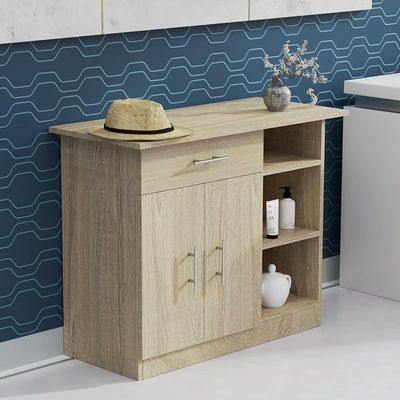 Mahmayi Modern Multifunctional Medium Height Cabinet with Single Drawer, 2 Door Storage and 3 Open Shelf - Grey Bardolino Oak - Ideal for Hallway, Living Room, Kitchen, Bedroom