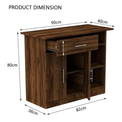 Mahmayi Modern Multifunctional Medium Height Cabinet with Single Drawer, 2 Door Storage and 3 Open Shelf - Dark Hunton Oak - Ideal for Hallway, Living Room, Kitchen, Bedroom