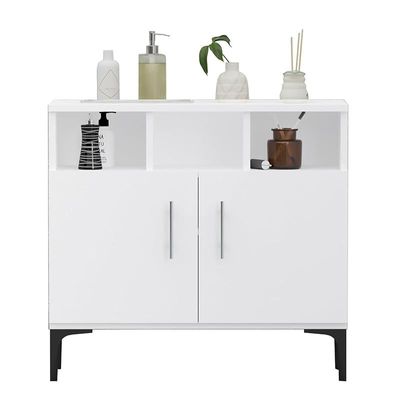 Mahmayi Modern Multifunctional Medium Height Cabinet with 2 Door Storage and 3 Open Shelf - White - Ideal for Hallway, Living Room, Kitchen, Bedroom