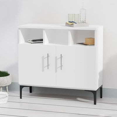Mahmayi Modern Multifunctional Medium Height Cabinet with 2 Door Storage and 3 Open Shelf - White - Ideal for Hallway, Living Room, Kitchen, Bedroom